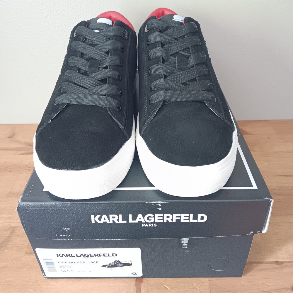 Karl Lagerfeld Paris Cate Sayings Sneakers Womens 9.5 Black Ruby Rhinestone - Picture 2 of 9